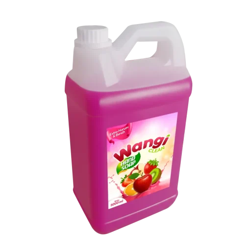 Portofolio desain sticker label kemasan jerigen hand soap Wangi Clean 5000 ml, menampilkan ilustrasi buah segar dan informasi keharuman ekstra bersih.