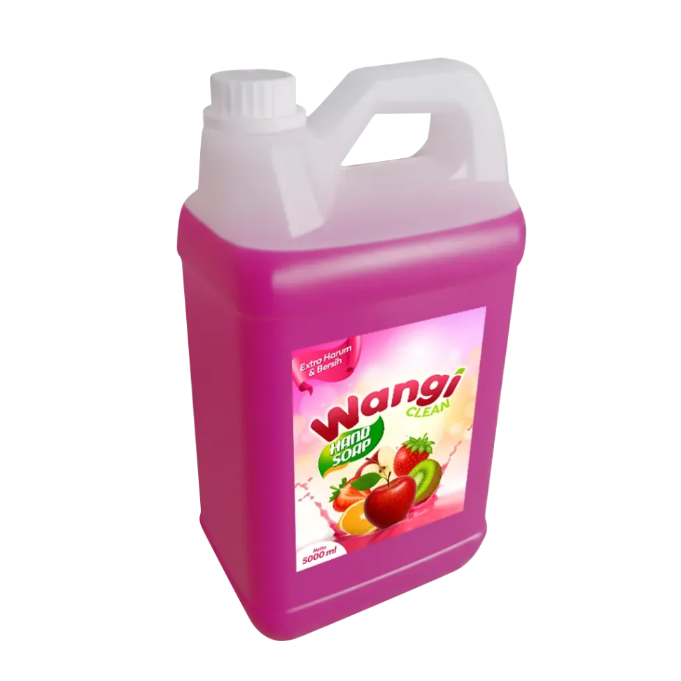 Portofolio desain sticker label kemasan jerigen hand soap Wangi Clean 5000 ml, menampilkan ilustrasi buah segar dan informasi keharuman ekstra bersih.