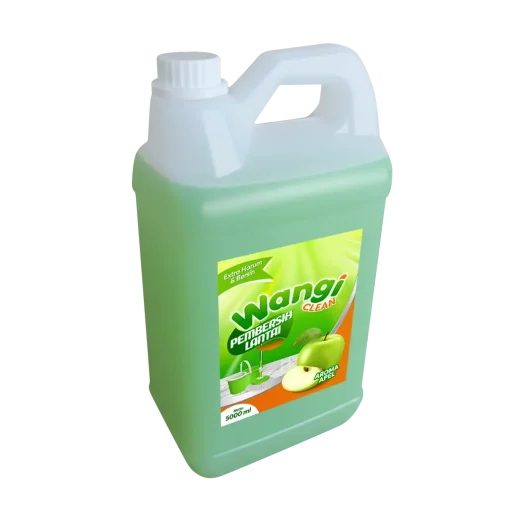 Portofolio desain sticker label kemasan jerigen pembersih lantai Wangi Clean 5000 ml aroma apel, menampilkan ilustrasi buah apel hijau segar dan alat pel.