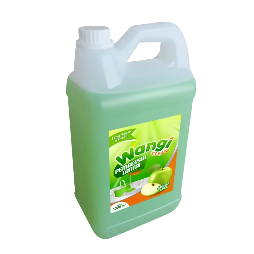 Portofolio desain sticker label kemasan jerigen pembersih lantai Wangi Clean 5000 ml aroma apel, menampilkan ilustrasi buah apel hijau segar dan alat pel.