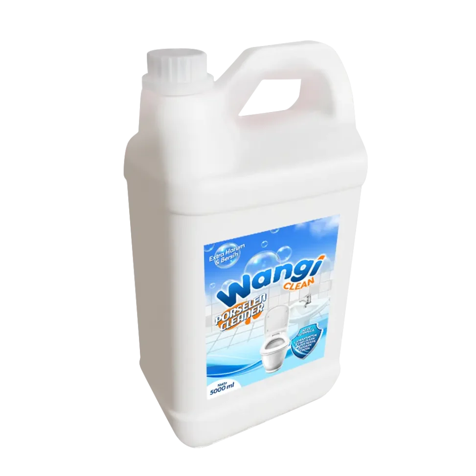 Portofolio desain sticker label kemasan jerigen porselen cleaner Wangi Clean 5000 ml, menampilkan ilustrasi kamar mandi bersih dan informasi extra harum.