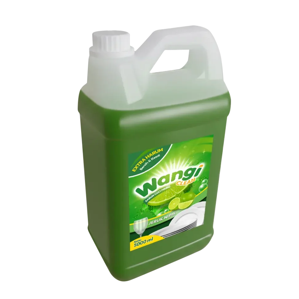 Portofolio desain sticker label kemasan jerigen sabun cuci piring Wangi Clean Jeruk Nipis 5000 ml, menampilkan visual segar dan informasi kebersihan ekstra harum.