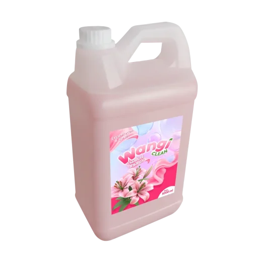 Portofolio desain sticker label kemasan jerigen sabun mandi cair Wangi Clean 5000 ml, menampilkan ilustrasi bunga lili dan informasi ekstra harum dan bersih.