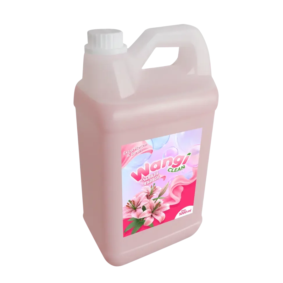 Portofolio desain sticker label kemasan jerigen sabun mandi cair Wangi Clean 5000 ml, menampilkan ilustrasi bunga lili dan informasi ekstra harum dan bersih.