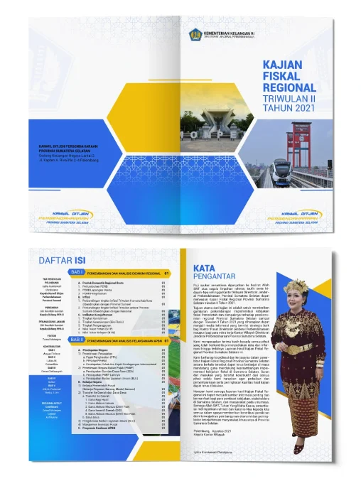 Portofolio desain laporan kajian fiskal regional triwulan II Kementerian Keuangan RI Kanwil Sumsel Palembang, menampilkan halaman cover, daftar isi, dan kata pengantar.