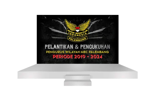 Desain backdrop panggung pelantikan dan pengukuhan MBCI Palembang dengan tata letak visual elegan dan berkarakter kuat.