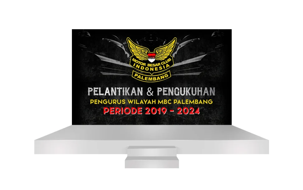 Desain backdrop panggung pelantikan dan pengukuhan MBCI Palembang dengan tata letak visual elegan dan berkarakter kuat.