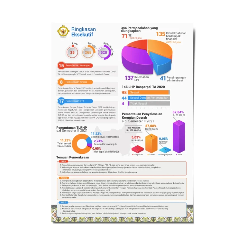 Portofolio desain infografis ringkasan eksekutif Badan Pemeriksa Keuangan, menampilkan visualisasi data audit, grafik temuan, dan pemantauan kerugian daerah.