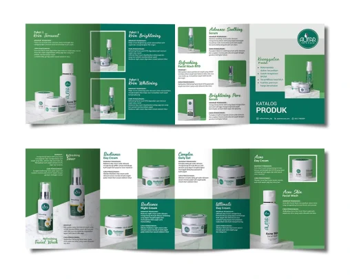 Portofolio desain katalog produk Aufar Skincare, menampilkan berbagai paket krim wajah, serum, toner, facial wash, dan krim harian.