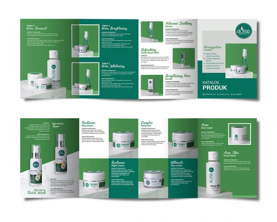 Portofolio desain katalog produk Aufar Skincare, menampilkan berbagai paket krim wajah, serum, toner, facial wash, dan krim harian.