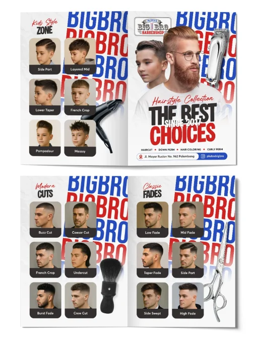 Portofolio desain katalog hairstyle collection Plutos Bigbro Barbershop, menampilkan pilihan kids style zone, modern cuts, dan classic fades.
