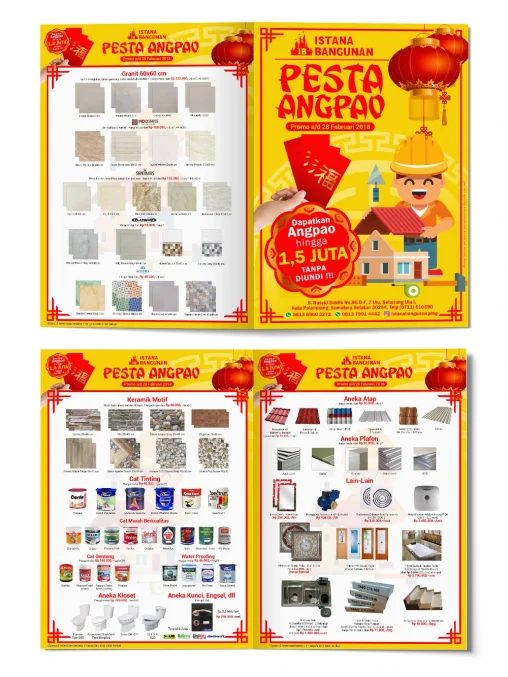 Portofolio desain katalog produk Pesta Angpao Istana Bangunan Palembang, menampilkan promo granit, keramik, cat, atap, dan perlengkapan rumah.