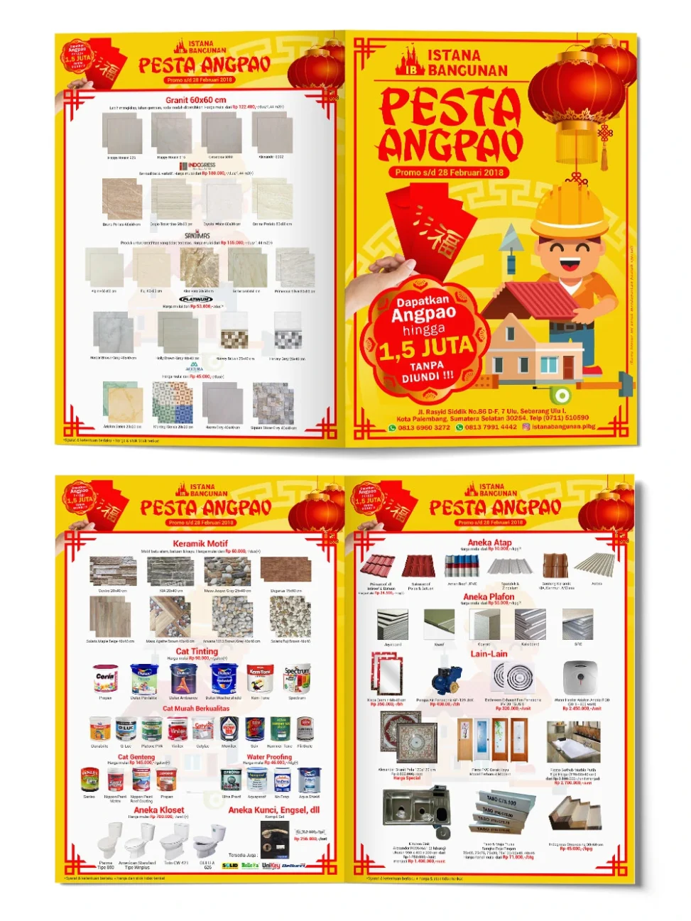 Portofolio desain katalog produk Pesta Angpao Istana Bangunan Palembang, menampilkan promo granit, keramik, cat, atap, dan perlengkapan rumah.