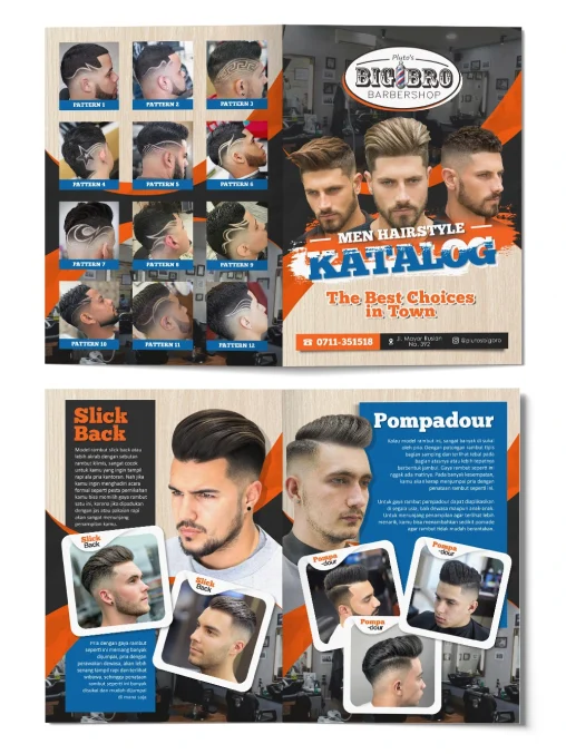 Portofolio desain katalog produk men hairstyle Plutos Bigbro Barbershop, menampilkan galeri hair pattern, slick back, dan pompadour.