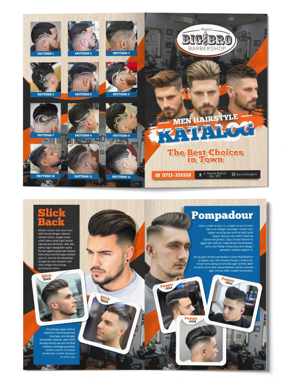 Portofolio desain katalog produk men hairstyle Plutos Bigbro Barbershop, menampilkan galeri hair pattern, slick back, dan pompadour.