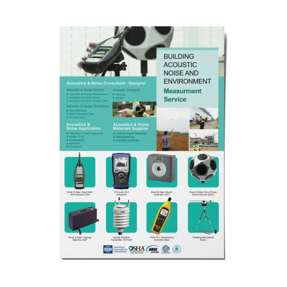 Portofolio desain katalog produk acoustic noise and environment, menampilkan layanan pengukuran akustik bangunan dan galeri instrumen pengujian teknik.