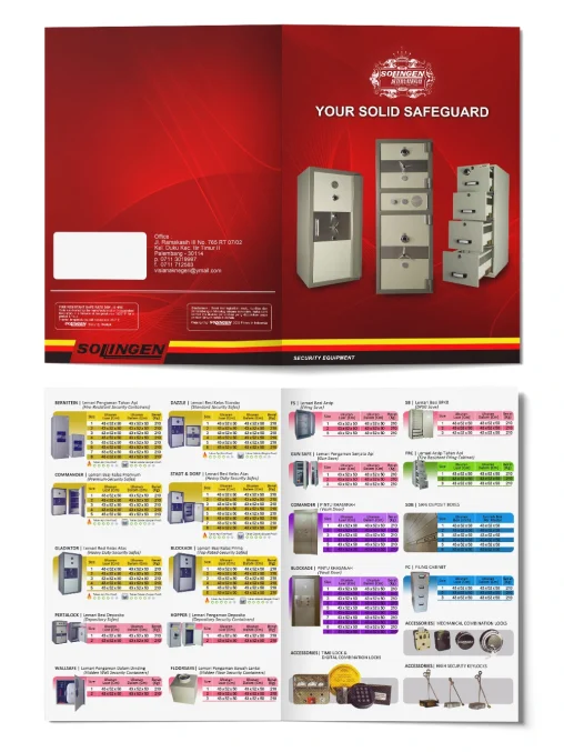 Portofolio desain katalog produk brankas Solingen International, menampilkan spesifikasi berbagai seri brankas tahan api, pintu khazanah, safe deposit boxes, dan aksesoris.