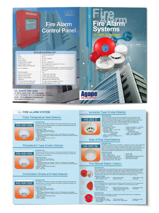 Portofolio desain katalog produk fire alarm systems CV. Agape Pratama, menampilkan spesifikasi control panel, detektor panas, asap, dan manual station.