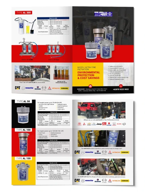 Portofolio desain katalog produk Micfil Ultra Fine Filtration, menampilkan spesifikasi tipe AL 50, AL 100, AL 150, AL 300 dan tabel kapasitas aliran.