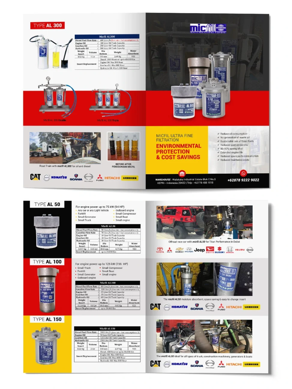 Portofolio desain katalog produk Micfil Ultra Fine Filtration, menampilkan spesifikasi tipe AL 50, AL 100, AL 150, AL 300 dan tabel kapasitas aliran.