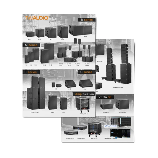 Portofolio desain katalog produk TW Audio, menampilkan berbagai seri speaker profesional seperti B series, M series, T series, C series, VERA line array, dan amplification.