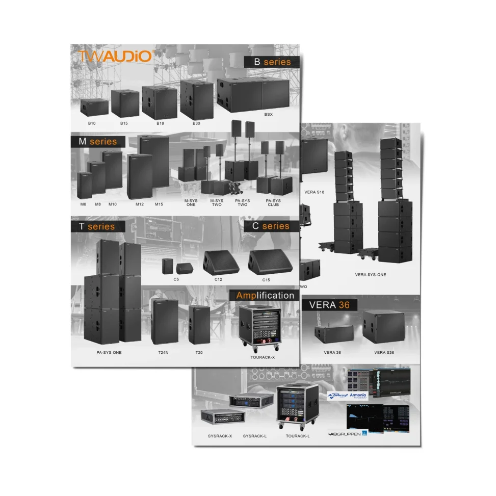 Portofolio desain katalog produk TW Audio, menampilkan berbagai seri speaker profesional seperti B series, M series, T series, C series, VERA line array, dan amplification.