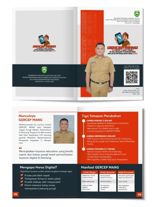 Portofolio desain majalah pelatihan kepemimpinan pengawasan PKP Dian Syahputra, menampilkan halaman cover, tahapan perubahan inovasi gercep mang, dan tabel manfaat.