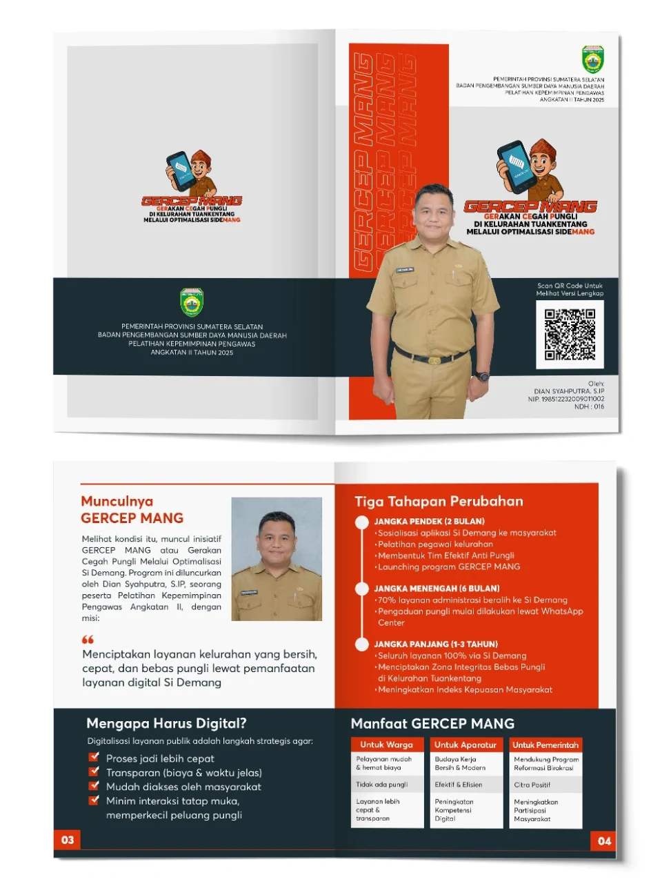 Portofolio desain majalah pelatihan kepemimpinan pengawasan PKP Dian Syahputra, menampilkan halaman cover, tahapan perubahan inovasi gercep mang, dan tabel manfaat.