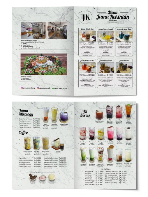 Desain menu kafe Jamu Kopi Palembang dengan tata letak visual modern bernuansa marmer putih dan profesional.