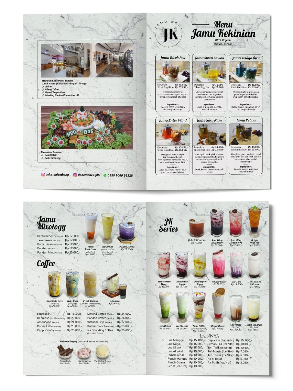 Desain menu kafe Jamu Kopi Palembang dengan tata letak visual modern bernuansa marmer putih dan profesional.