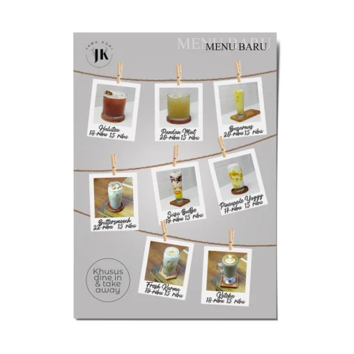 Desain menu baru kafe Jamu Kopi Palembang dengan tata letak visual kreatif bertema polaroid gantung dan profesional.