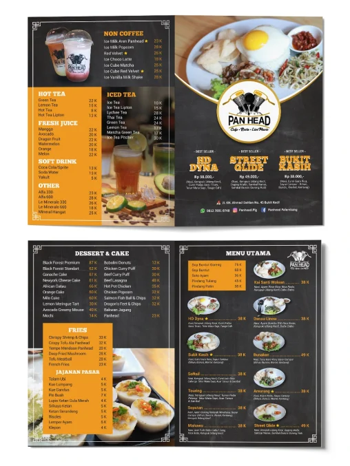 Desain menu kafe dan restoran Panhead Palembang dengan tata letak visual elegan bernuansa gelap dan profesional.