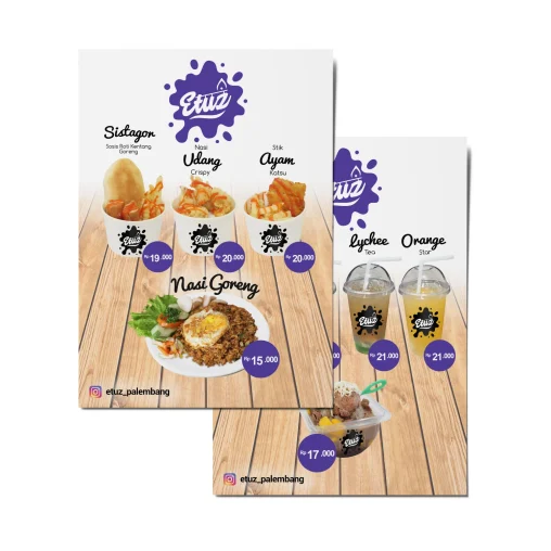 Desain menu kafe Etuz Palembang dengan tata letak visual kasual bernuansa ungu dan kayu yang profesional.