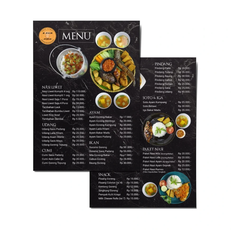Desain menu restoran tradisional D'Poer Nenek Palembang dengan tata letak visual elegan bernuansa marmer hitam dan profesional.