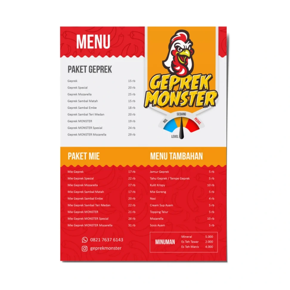 Desain menu makanan dan daftar harga Geprek Monster Palembang dengan tata letak visual profesional dan berkarakter kuat.