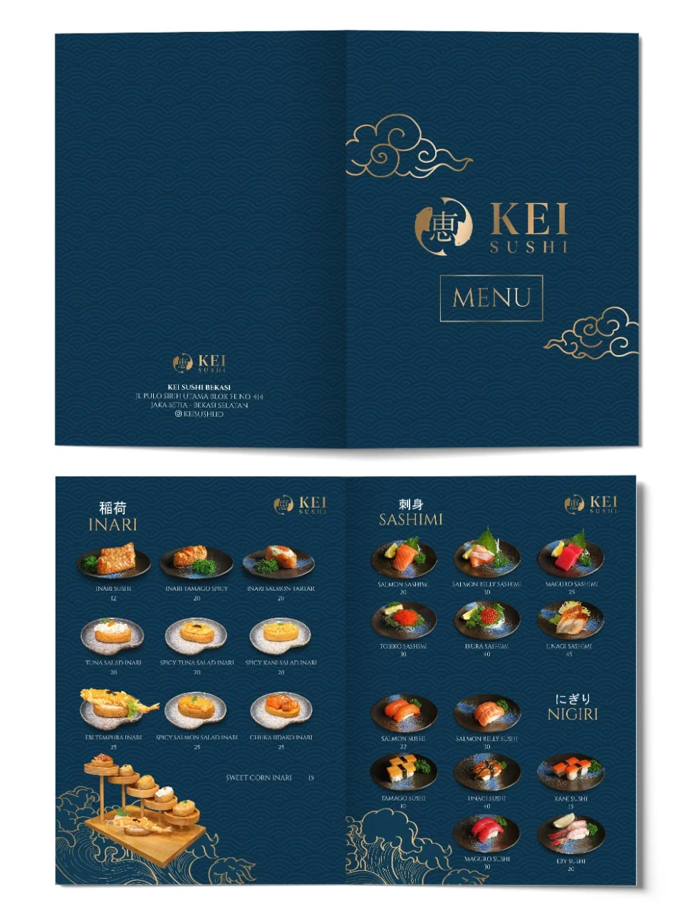 Desain menu restoran Jepang Kei Sushi dengan tata letak visual elegan bernuansa biru tua dan aksen emas profesional.