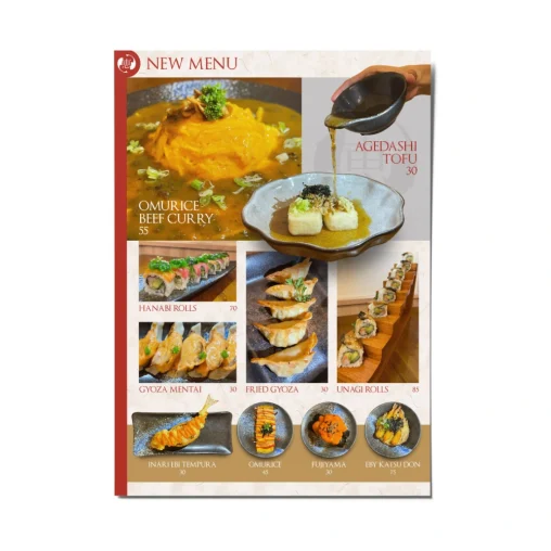 Desain menu new release restoran Kei Sushi dengan tata letak visual menu terbaru yang menarik dan profesional.