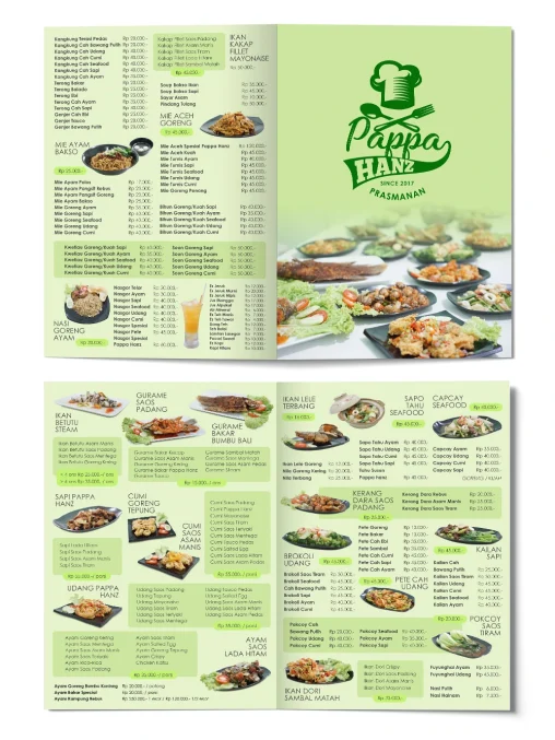 Desain menu restoran Pappa Hanz Palembang dengan tata letak visual komprehensif bernuansa hijau segar dan profesional.