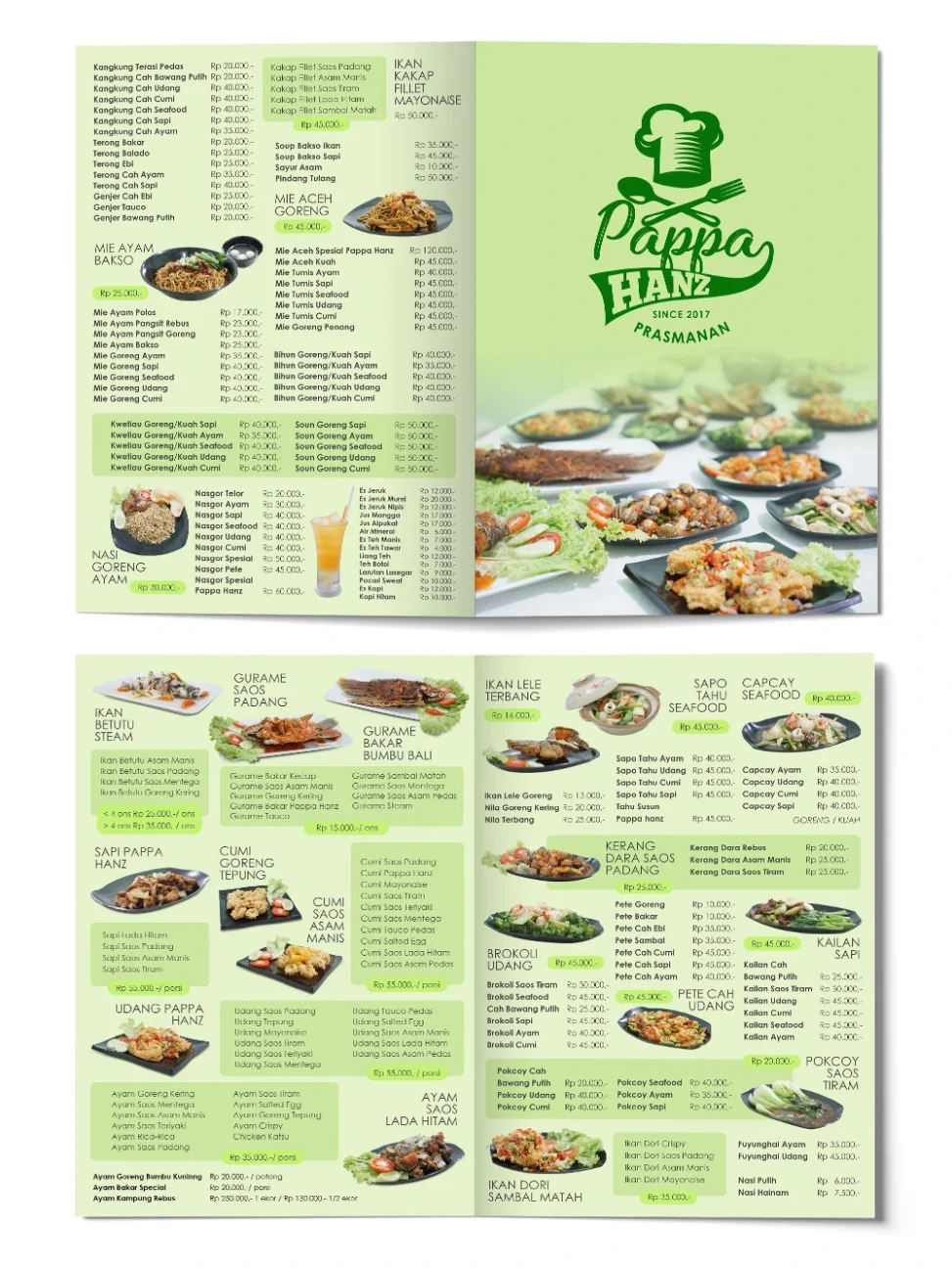 Desain menu restoran Pappa Hanz Palembang dengan tata letak visual komprehensif bernuansa hijau segar dan profesional.