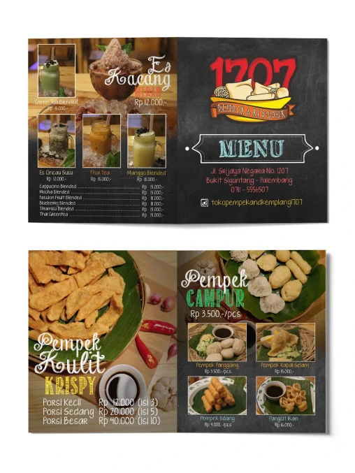Desain menu restoran Pempek 1707 Palembang dengan tata letak visual kreatif bernuansa papan tulis gelap dan profesional.