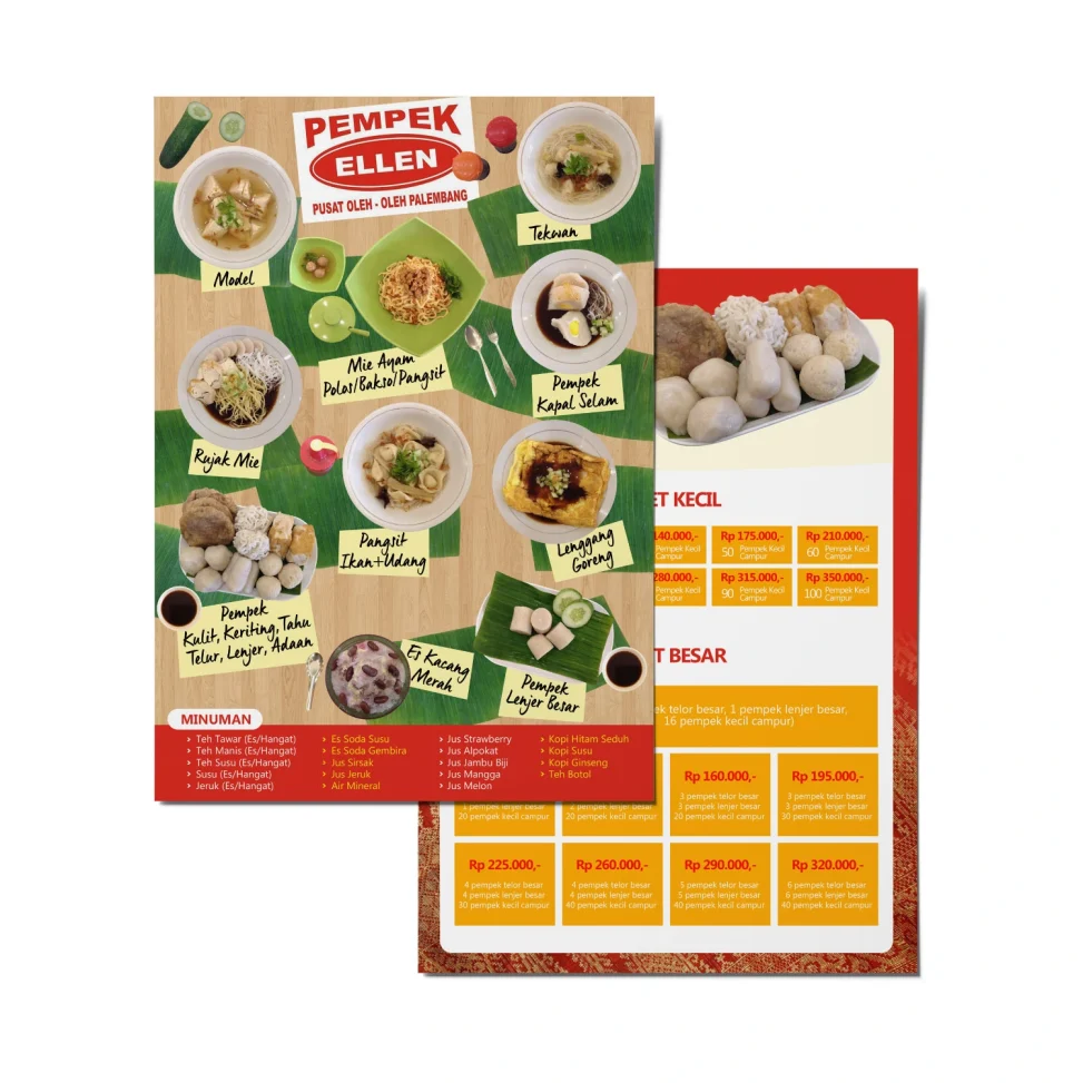 Desain menu makanan dan daftar harga Pempek Ellen Palembang dengan tata letak visual profesional dan menggugah selera.