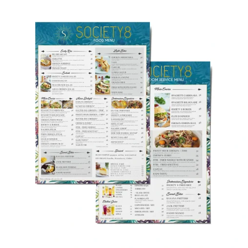 Desain menu restoran Society 8 Jakarta dengan tata letak visual elegan bernuansa tropis dan profesional.