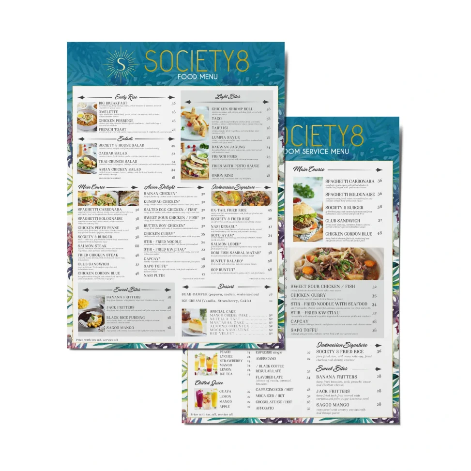 Desain menu restoran Society 8 Jakarta dengan tata letak visual elegan bernuansa tropis dan profesional.