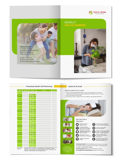 Desain booklet isolasi mandiri Charista Medika Apotek & Klinik Palembang menampilkan panduan kesehatan, pencegahan, dan tabel pemantauan mandiri 14 hari.