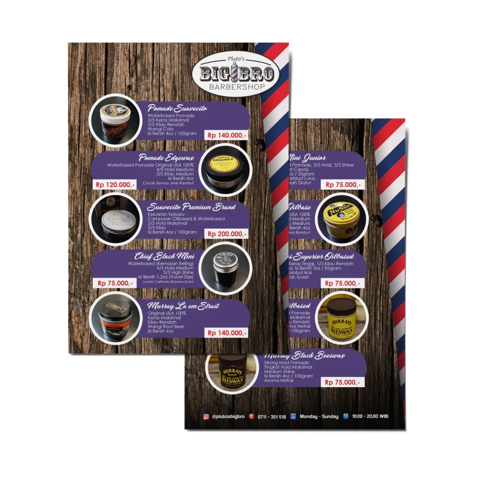 Desain brosur katalog pomade Pluto's Bigbro Barbershop Palembang menampilkan berbagai pilihan produk tata rambut premium lengkap dengan harga dan spesifikasinya.
