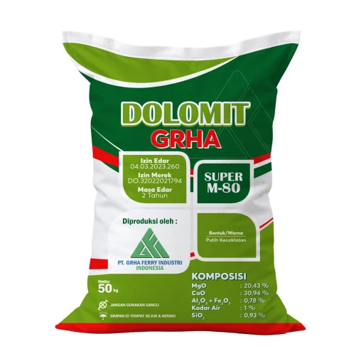 Desain karung dolomit Grha Super M80 Sumatera Barat menampilkan informasi perizinan, tabel komposisi unsur hara, dan spesifikasi berat 50 kg.