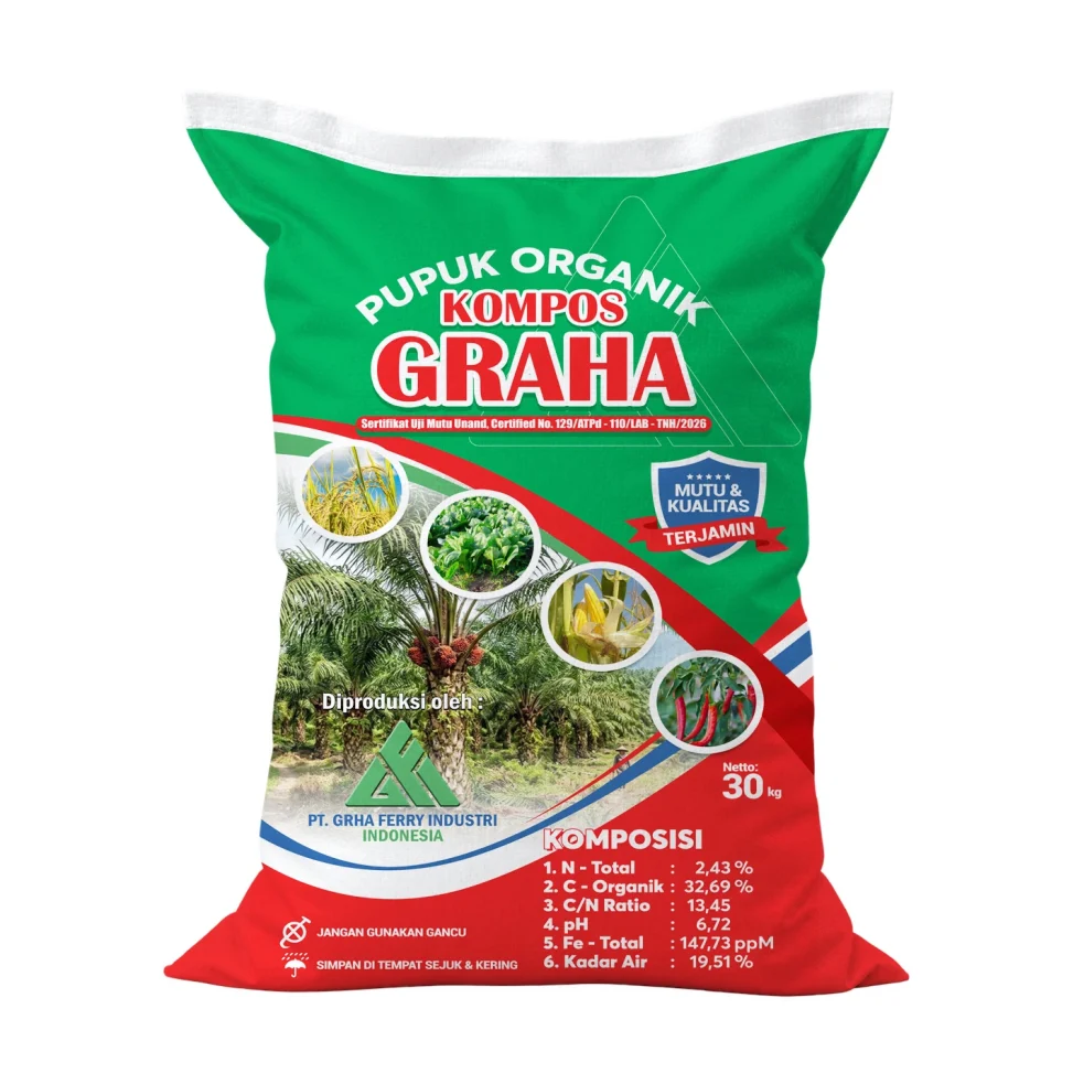 Desain karung pupuk organik kompos Graha Sumatera Barat menampilkan sertifikasi uji mutu, galeri komoditas, dan tabel komposisi unsur hara.