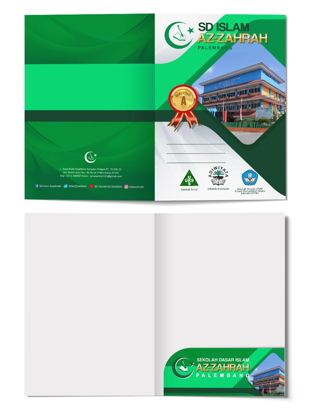 Desain map folder SD Islam Az-Zahrah Palembang menampilkan tema hijau institusional, lencana akreditasi A, dan foto gedung sekolah yang profesional.