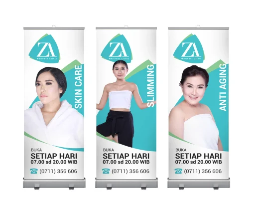 Desain roll banner seri tiga panel ZA Wellness Clinic Palembang menampilkan layanan Skin Care, Slimming, dan Anti Aging dengan tata letak visual medis yang bersih dan profesional.