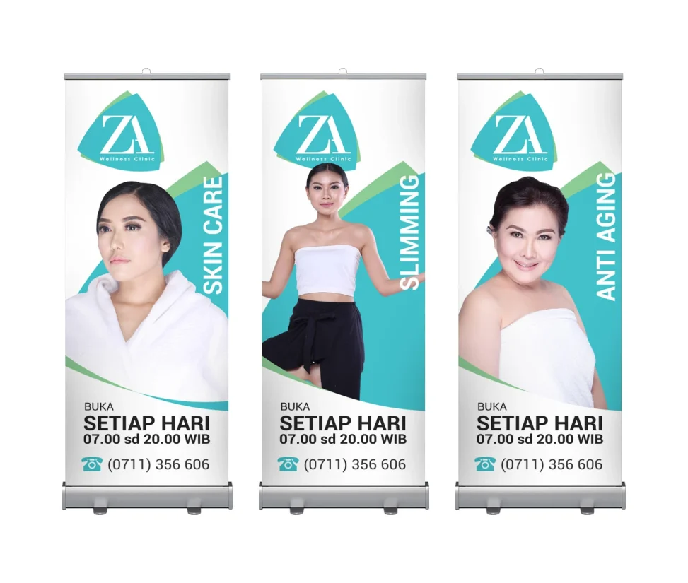 Desain roll banner seri tiga panel ZA Wellness Clinic Palembang menampilkan layanan Skin Care, Slimming, dan Anti Aging dengan tata letak visual medis yang bersih dan profesional.